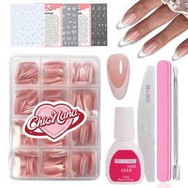 French False Nails Kit, 240Pcs Almond Press On Nails with Stickers, Medium Long False Nails With Glue Acrylic Fake Nails 12 Sizes Stick On Nails For Women French Tip Gift for Girls (Almond)