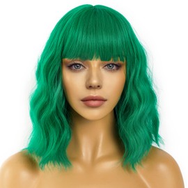 LANCAINI Short Bob Wigs with Bangs for Women Loose Wavy Wig Curly Wavy Shoulder Length Bob Synthetic Cosplay Wig for Girl Colorful Costume Wigs (Green)