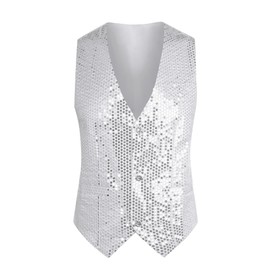 Lars Amadeus Shiny White Sequin Vest for Men's V-Neck Party Sleeveless Suit Waistcoat Large
