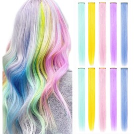 FAIRY COLOR 10 PCS Colored Hair Extensions, Multi-colors Party Highlights Clip in Heat-Resistant Synthetic Hair Extensions 20 Inch (Light blue Light pink Light green Light purple Yellow)