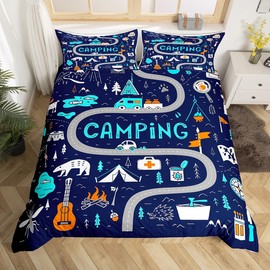 Feelyou Camping Duvet Cover Set Boys Cartoon Camping Pattern Comforter Cover,Safari Bedding Set Wild Adventure for Kids Child Bedroom Coverlet Set with Pillowcase Decor 2 Pcs Twin Size