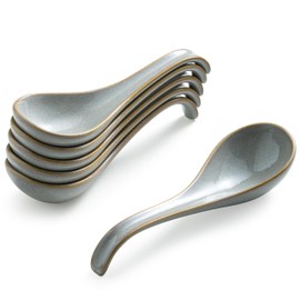 Gomakren Soup Spoons Set of 6, Asian Soup Spoons 6.5 Inch Ramen Spoons, Christmas Ceramic Chinese Spoon Set for Soup, Cereal, Pho, Noodles, Dumpling, Miso, Wonton, Dishwasher Safe, Gray