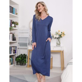 Sykooria Women's Long Nightgown Cotton Baggy Nightdress Plus Size Nightshirt Long Sleeve V Neck Sleep Dress Casual Sleepwear With Pockets(Dark Blue,XL)