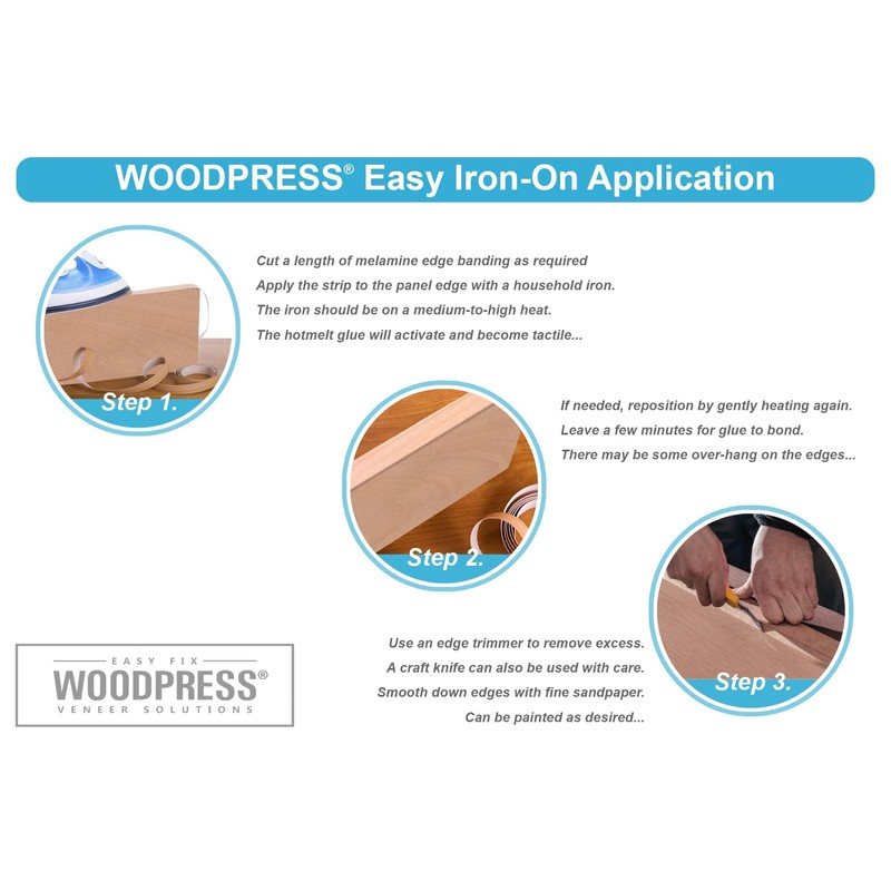 WoodPress® 30mm Beech Wood Style Laminate Melamine Edging, Pre-Glued Veneer