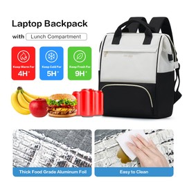 OIWAS Lunch Backpack for Women, 15.6 inch Laptop Backpack Insulated with USB Port, Work Backpack with Insulated Cooler Lunch Bag for Men Travel Work Travel Picnics Hiking, Beige Black