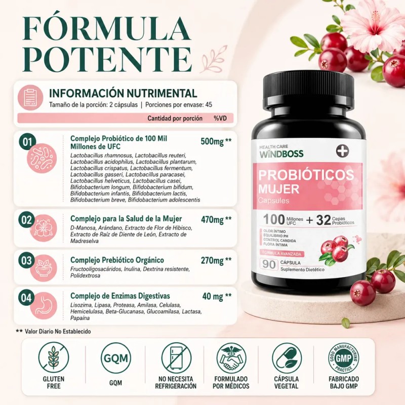Windboss Probióticos Íntimos Para Mujer 90 Cápsulas