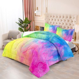 BSNTHO Rainbow Girls Comforter Set Tie Dye Kids Bedding Set Queen Size 3Pcs Rainbow Watercolor Comforter Colorful Pastel Duvet Quilt Toddler All Season Lightweight