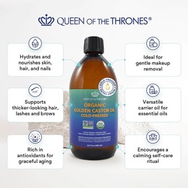 QUEEN OF THE THRONES Organic Golden Castor Oil | 100% Pure for Hair, Skin, Nails, Brows & Lashes | Hexane-Free | USDA Certified [16.9oz (500ml)]