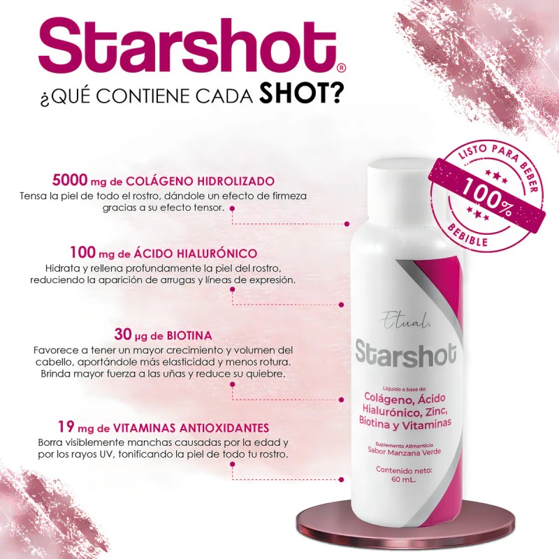 Starshot Colágeno Hidrolizado, A. Hialurónico, Biotina 15pzs Sabor Manzana verde