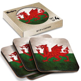 4 x Square Coasters - Distressed Wales Welsh Dragon Flag Cork Backed MDF Glossy Tea Coffee Accessory #56016