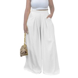 Euulin Women's Wide Leg Long Palazzo Pants High Waist Loose Fit Casual Flowy Pants Trousers with Pockets White 2XL
