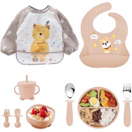 9PCS Silicone Feeding Set for Baby Led Weaning - Non Toxic Food Grade Suction Plates & Bowls, Soft Silicone Bibs with Pocket, Self Feeding Spoons & Utensils for 6-36 Months Infants Toddlers, Dishwashe