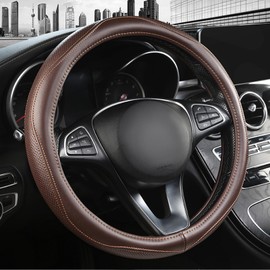 PJBTYZ High-Grade Brown Genuine Leather Steering Wheel Cover for Men Women，Real Cowhide Leather Steering Wheel Cover for Cars,Universal 14.5-15 inch Steering Wheels