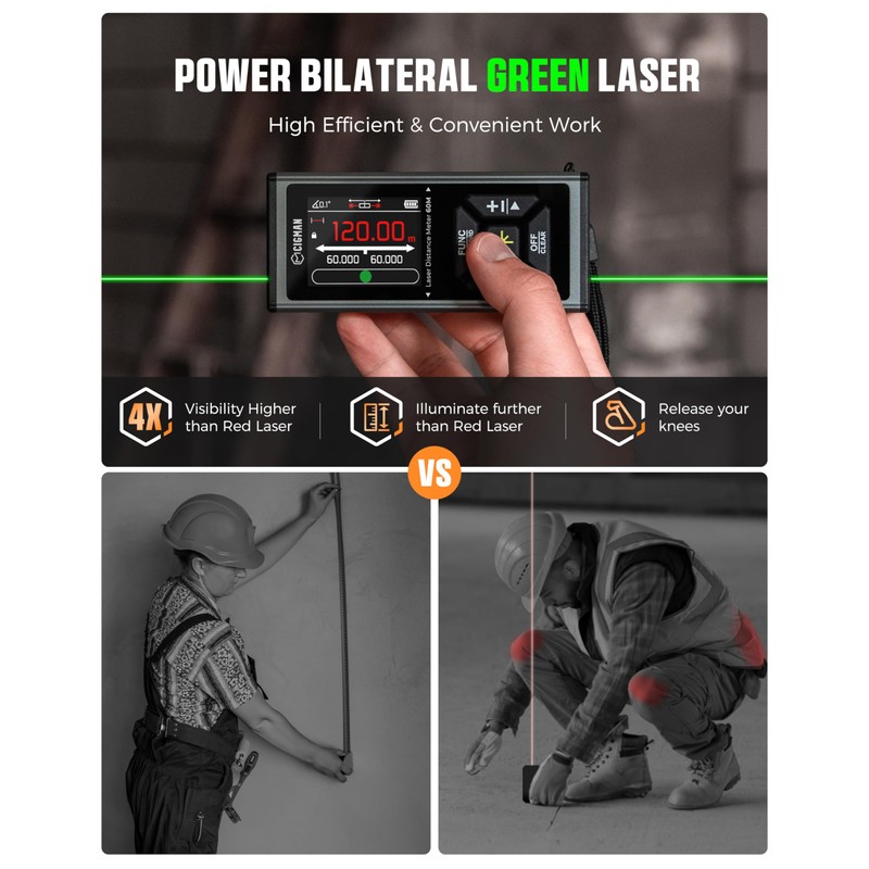 Laser Measurement Tool, CIGMAN 393ft/120M Bilateral Green Laser Distance Measuring