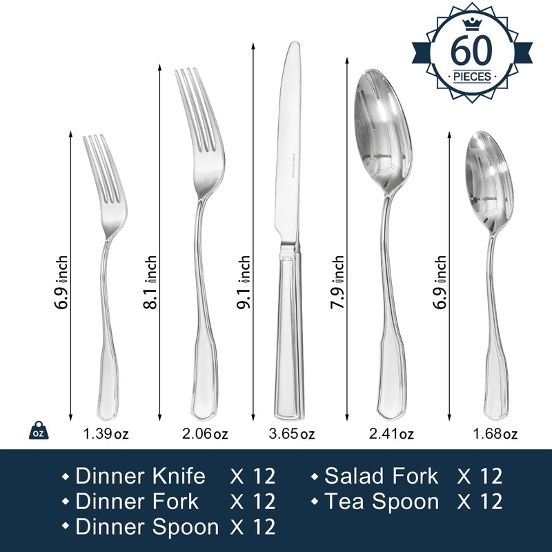 KINGSTONE 60-Piece Silverware Set, 18/10 Stainless Steel Flatware Set for