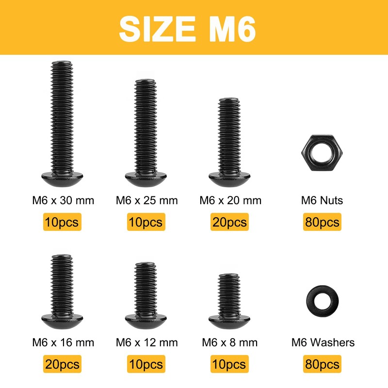 240PCS M6 x 8mm/12mm/16mm/20mm/25mm/30mm Button Head Hex Socket Cap Screws