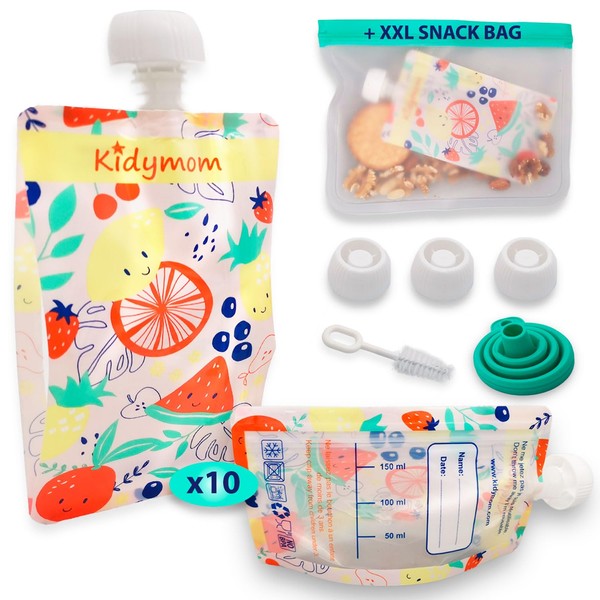 Squeeze Bags for Self-Filling, 150 ml, Set of 10 Reusable Squeeze Bags for Baby/Children for Meals, Compote/Puree, Refillable and Washable, BPA-Free + 1 Reusable Snack Bag, XL