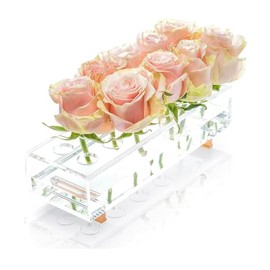 YoBa Acrylic Flower Vase Rectangular with Gold Plated Aluminum Legs, Clear Acrylic Flower Vase for Home Wedding Dining Table Décor, Gift for Your Loved Ones (Flowers not Included) (12 Holes)