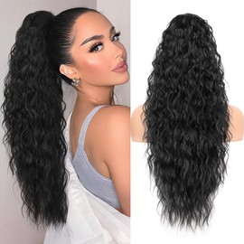 KooKaStyle Ponytail Extension 26 Inch Drawstring Pony Tails Hair Extensions for Women Long Curly Ponytail Synthetic Hairpieces for Daily Use（Black）