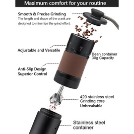 Manual Coffee Grinder, Portable Hand Stainless Steel Conical Burr Coffee Grinders, Adjustable Settings & Ergonomic handle, for Home Office Traveling Camping or Hiking, Black