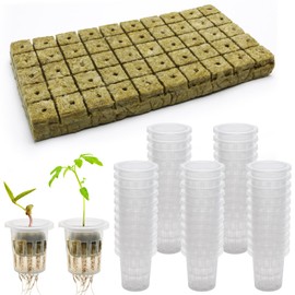 Anglecai 100 Pcs Rockwool Cube for Hydroponics with Net Pot, 50P 1Inch Rockwool Stonewool Plug & 50P 1.5Inch Net Cup for Seed Starter Soilless, Hydroponics, Plant Germination Start (Transparent)