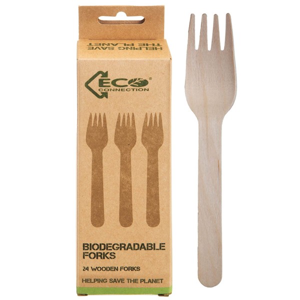 VFM - Biodegradable Wood Fork Set Sustainable Birchwood Cutlery - Eco Connection (24 Pack)