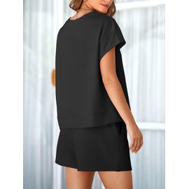 Tankaneo Womens Loungewear Set Short Sleeve Tops and Shorts 2 Piece Outfits Matching Lounge Pajama Set with Pockets Black