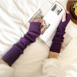 AWOCAN Long Fingerless Gloves Soft Winter Warm Gloves Winter Knit Arm Warmers Thumb Hole Gloves Knitted Warm Weaving Gloves, purple