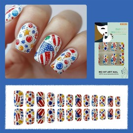 24Pcs Independence Day Cute Fake Nails, July 4th Star Rocket Press on Nails Medium Square, Reusable Acrylic Nails for Women Independence Day Cute Manicure Gift with Glue