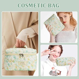 Everfunny 3 Pcs Cotton Quilted Makeup Bag Set, Floral Cotton Cosmetic Bag, Aesthetic Toiletry Travel Organizer Bag for Women, Green+Yellow, Cosmetic Bag