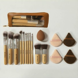 BS-MALL 11 Pcs Professional Makeup Brush Set - Eyeshadow Brush, Blush Brush & Foundation Brush For Liquid Makeup With Sponge, Puffs & Travel Case - Soft Portable Beauty Tools For Daily Use & Gifts