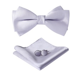 HOULIFE Bow Tie Men's Set - Adjustable Satin Polyester Bow Tie Pre-tied Bow Tie, Plain Pocket Square, Cufflinks Set for Groom Wedding Formal with Gift Box, silver-grey