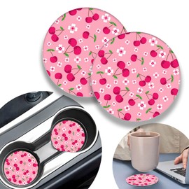 2 Pack Pink Cherry Car Coasters,2.75 Inch Car Cup Holder,Universal Rubber Anti-Slip Automotive Drink Soft Cup Mat,Car Interior Accessories for Women Men and Girls