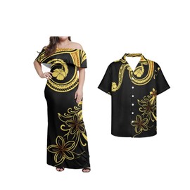Hdjxbdhsv Samoan Tribal One Shoulder Dress Women Casual 7XL Plus Size Women Dresses Temperament Dress Party Banquet Couple Set Puletasi and Men's Shirt