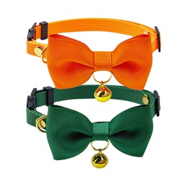 Olahibi Breakaway Cat Collar Pack of 2, Safe Release Clasp, Handmade Bowtie, Clear Bell, Nylon Material, for Small Kitten Cats.(Green+Orange)