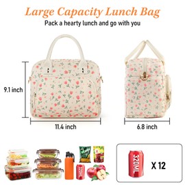 Lunch Bag for Women & Kids, 11.5L Large Insulated Lunch Box Bag, Adults Girls Packed Lunch Box Tote Bags with Shoulder Strap, Soft Cooler Picnic Bags for Work School Picnics (Small Pink Flowers)