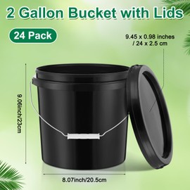 Tioncy 24 Pcs 2 Gallon Plastic Bucket with Lid Heavy Duty 2 Gallon Bucket Pail with Lid Handle for Storage Container Home Household Cleaning (Black)