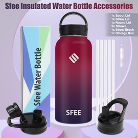Sfee Insulated Water Bottle, 32 oz Stainless Steel Water Bottle with Straws&3 Lids, Wide Mouth Double Wall Vacuum Metal Water Bottle Leak-Proof BPA Free Sports Water Bottle+ Cleaning Brush (DRed)