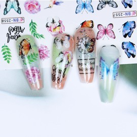 12 Sheets Butterfly Water Transfer Nail Decals Fresh Nail Stickers with Assorted Patterns Colorful Butterfly Blossom Flower Leaf Butterfly DIY Nail Art Watermark Nail Designs Manicure Stickers(37)
