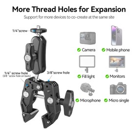 TELESIN Super Clamp Mount Camera Monitor Bike Handlebar 360 Ballhead Magic Arm with 1/4" 3/8" Port Extension Holder Adapter for Canon Nikon DSLR Go Pro Action Camera Video Light Ronin-M Freefly MOVI