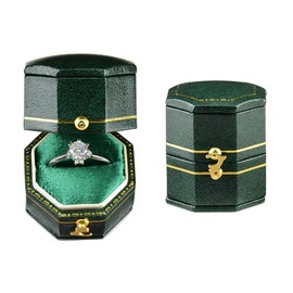 TAIMY Classical Victorian Style Engagement Tiny Ring Box, Handcrafted Vintage Antique Gift Ring Box Proposal Pocket Size Small Keepsake Jewelry Box (Green, Octagon)