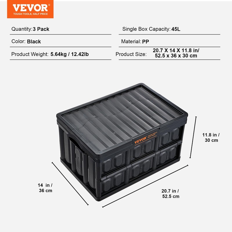 VEVOR 45L Collapsible Storage Bins with Lids 3 Packs, Stackable