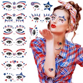 4th of July Face Temporary Tattoos Sticker Independence Day American Flag Red White Blue Star Freckle Sticker Eye Makeup Arm Body Art Decals for Women Girls Men Memorial Day Party Supplies