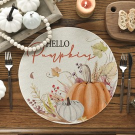 Artoid Mode Hello Pumpkin Fall Round Placemats Set of 6,15 Inch Seasonal Harvest Thanksgiving Table Mats for Party Dining Decoration