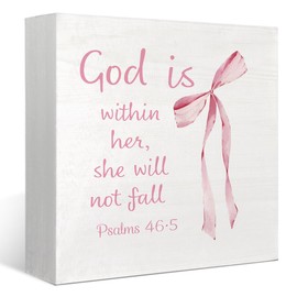 FLVGE Coquette Dorm Decor, Pink Bow Christian Gifts for Women Faith, Inspirational Bible Verse Wooden Box Sign, Girly Wall Decor for Girls Room College Apartment Dorm Decoration