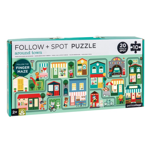 Petit Collage Follow + Spot Puzzle, Around Town, 10-Pieces – Large Puzzle for Kids, Completed Educational Puzzle Measures 21”x 8.5” – Makes a Great Gift Idea for Ages 2+