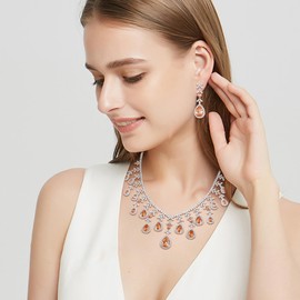 Ever Faith Wedding Prom Jewelry Set for Bridesmaid, Elegant Topaz Color Cubic Zirconia Brown November Birthstone Teardrop Necklace Dangle Earrings Sets for Women