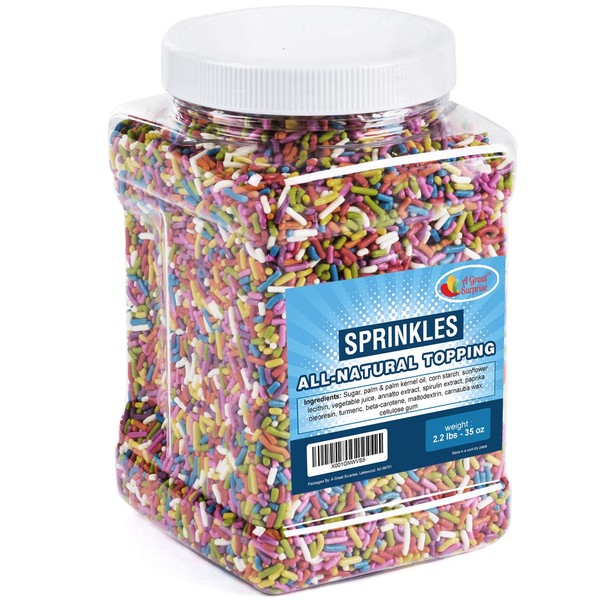 Sprinkles Rainbow - 2.2 LB Container - All NATURAL - Rainbow Sprinkles with No Artificial Colors - Carnival Sprinkles in Resealable Container, Bulk Candy