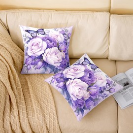 Feelyou Purple Rose Throw Pillow Covers 18"x18" Set of 2 Purple Butterfly Cushion Case for Girls Women Flower Floral Decorative Pillowcase Flower Plants Home Decor