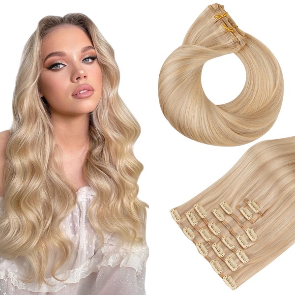 HOTBANANA Human Hair Clip in Hair Extensions, Icy Blonde Highlighted